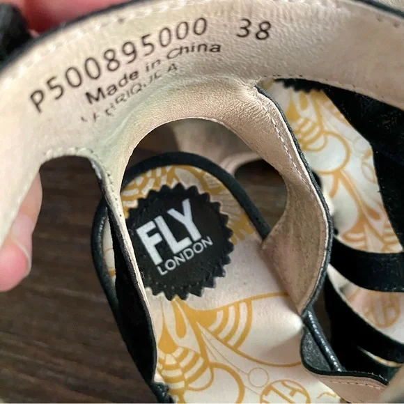 FLY LONDON Yeba Black Suede Ankle Strap Wedges Shoes Womens EU38 US 7.5 - 8 - Picture 8 of 13